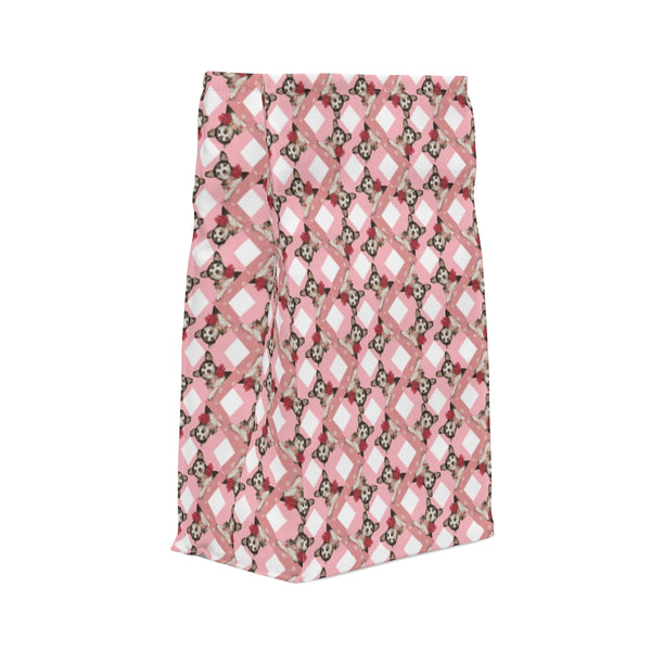Deer Head Tricolor Tuxedo Chihuahua Pattern on Pink Polyester Lunch Bag. Part of the "Where's the doggie?" series by Poochbliss.