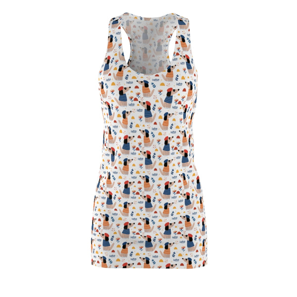 Pointy Nosed Cartoon Dogs in Clothes and Berets Pattern Women's Racerback Dress