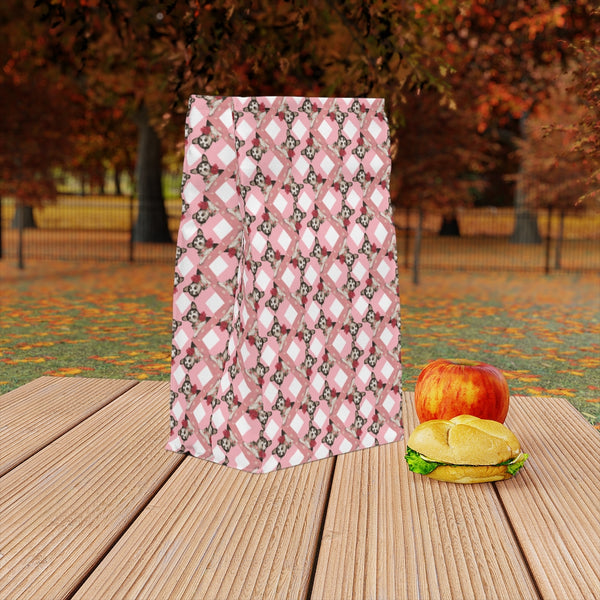 Deer Head Tricolor Tuxedo Chihuahua Pattern on Pink Polyester Lunch Bag. Part of the "Where's the doggie?" series by Poochbliss.