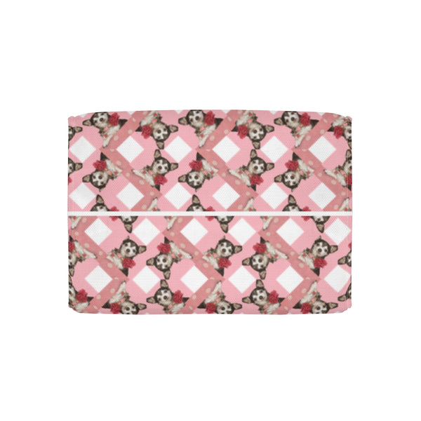 Deer Head Tricolor Tuxedo Chihuahua Pattern on Pink Polyester Lunch Bag. Part of the "Where's the doggie?" series by Poochbliss.
