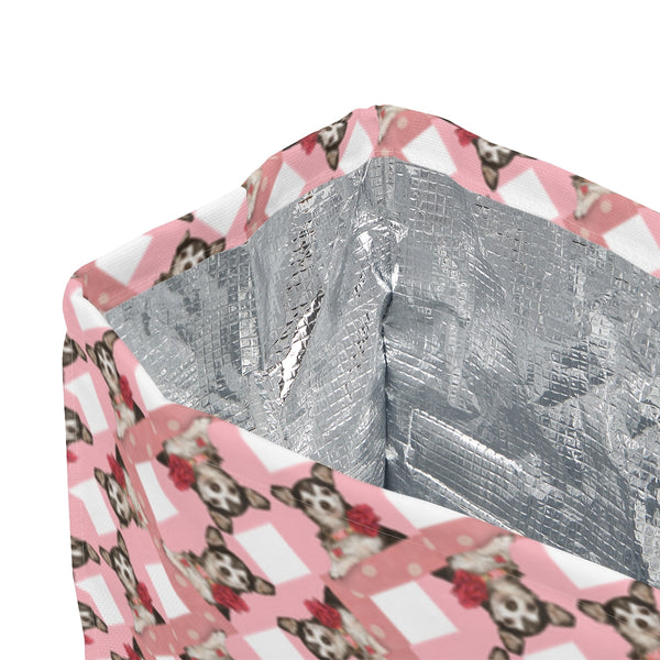 Deer Head Tricolor Tuxedo Chihuahua Pattern on Pink Polyester Lunch Bag. Part of the "Where's the doggie?" series by Poochbliss.
