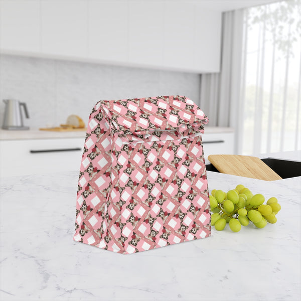 Deer Head Tricolor Tuxedo Chihuahua Pattern on Pink Polyester Lunch Bag. Part of the "Where's the doggie?" series by Poochbliss.