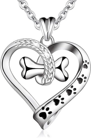 EUDORA 925 Sterling Silver Necklace Cute Dog Paws with Bone Heart Shape