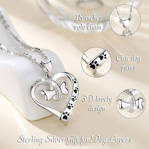 EUDORA 925 Sterling Silver Necklace Cute Dog Paws with Bone Heart Shape