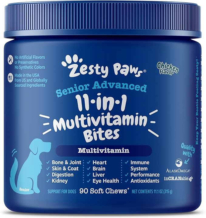Senior Advanced Multifunctional Supplement for Dogs – Glucosamine & Chondroitin for Hip & Joint Support - Psyllium & Enzymes for Gut & Immune Health – Fish Oil, Antioxidants for Skin, Heart & Brain