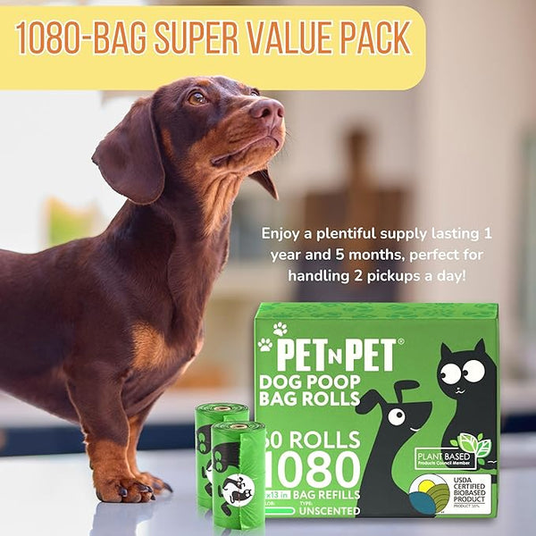 Pet N Pet 1080 Counts Green Poop Bags for Dogs 38% Plant Based