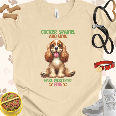 Cocker Spaniel and Wine Make Everything Fine Dog Cartoon Unisex Jersey T-shirt