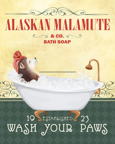 Bathroom Poster Dog Lover Printable Wall Art Alaskan Malamute Soaking in Tub Digital Download
