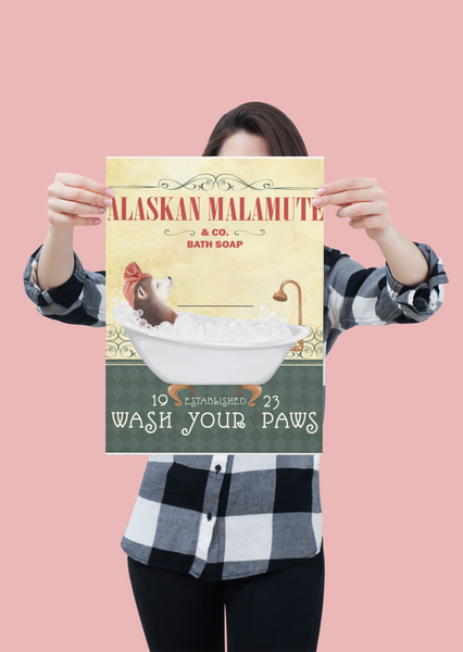 Bathroom Poster Dog Lover Printable Wall Art Alaskan Malamute Soaking in Tub Digital Download