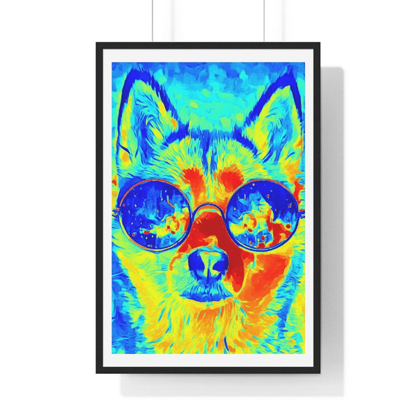 Hot Colored Pop Art Husky Dog with Glasses Head Premium Framed Vertical Poster Wall Art