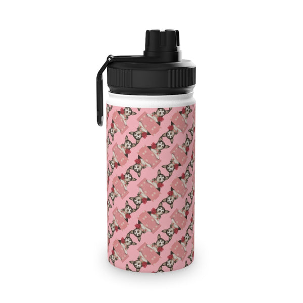 Deer Head Tricolor Tuxedo Chihuahua Pattern on Pink Stainless Steel Water Bottle, Sports Lid