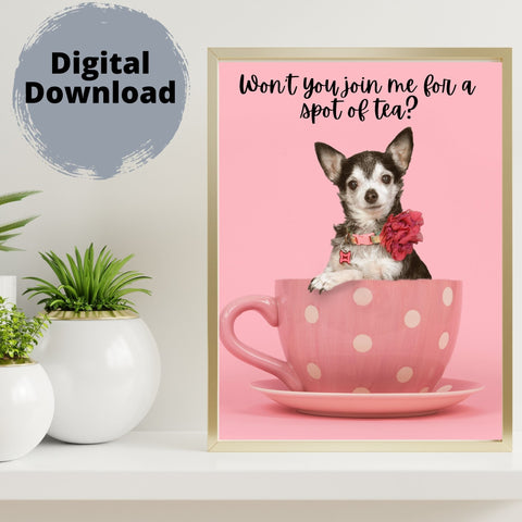 Digital Download Wall Art Tuxedo Deerhead Chihuahua in Pink Tea Cup