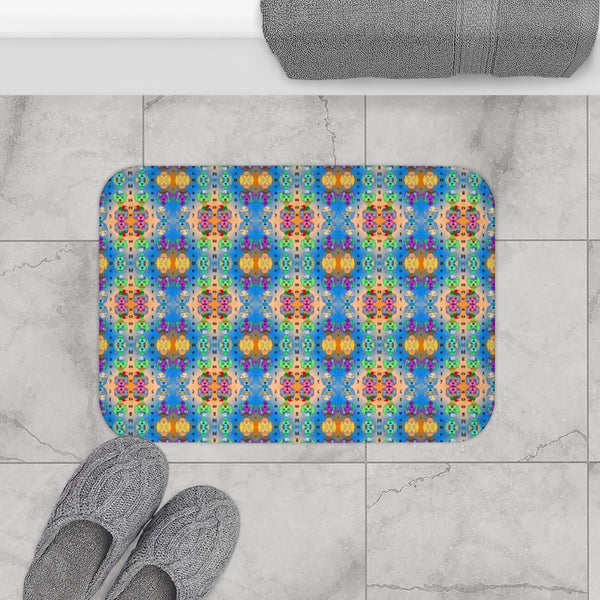 Cartoon Dog Head Facade in  Pink, Yellow and Green with Beauty "Where's the doggie" pattern bath mat.