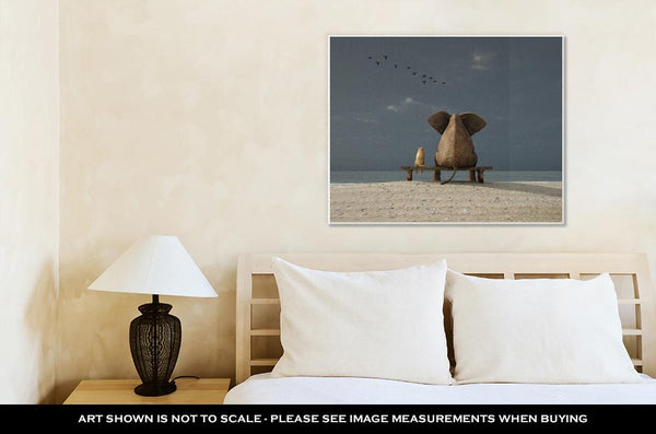 Gallery Wrapped Canvas, Elephant And Dog Sit On A Deserted Beach