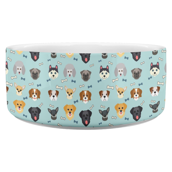 Cartoon Variety Doggie Heads on light blue 40oz dog bowl